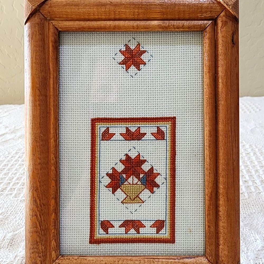 Swedish Patchwork Quilt Window Handmade Picture Cross-Stitch Framed Completed